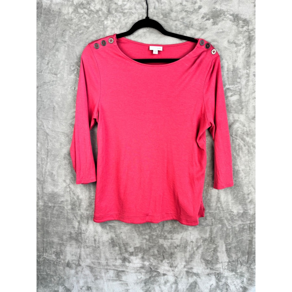J Jill Womens M Pink Button Shoulder 3/4 Sleeve Top Minimalist Casual Boat‎ Neck